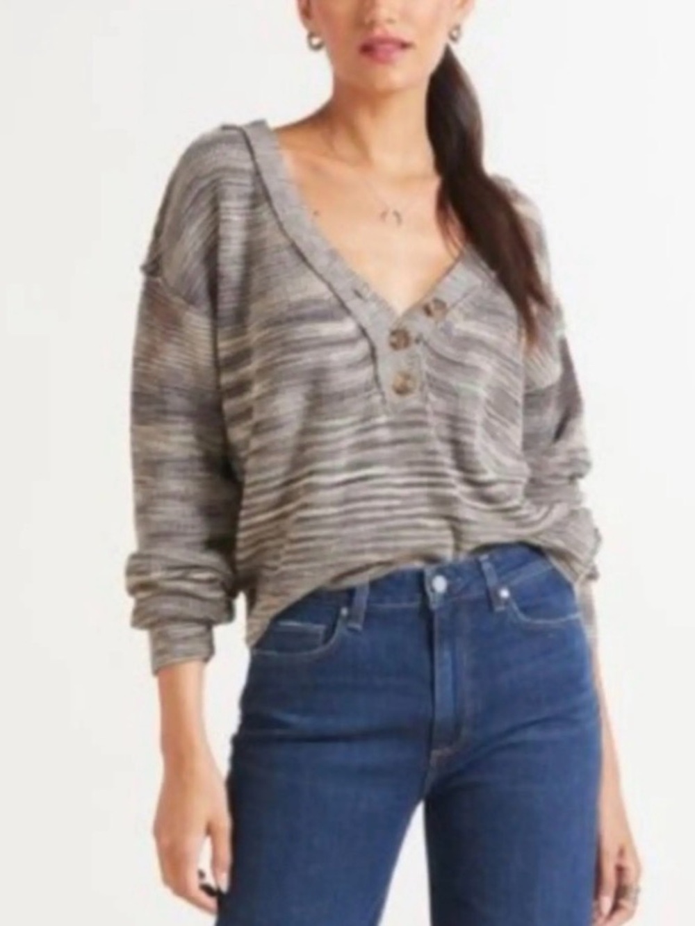 Free People Gray Striped V-Neck Henley Sweater Oversized